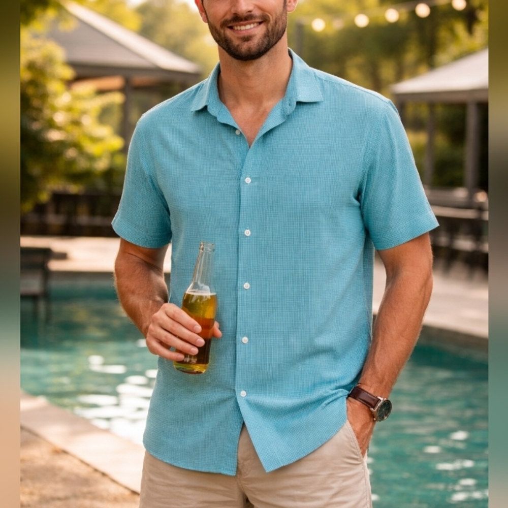 Pronto Uomo Classic Fit Men’s Medium Aqua Short Sleeve Button Front Shirt